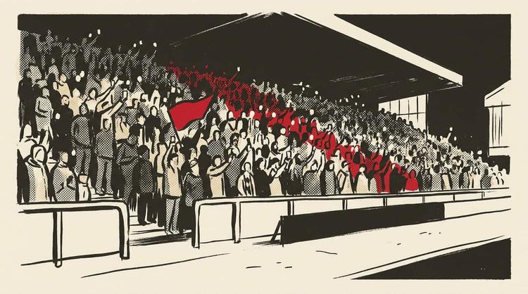 Illustration: a packed terrace under floodlights at night, drawn in heavy ink over halftone texture.