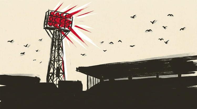 Illustration: a floodlight pylon against an evening sky above a stand, drawn in heavy ink over halftone texture.
