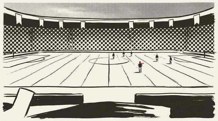 Illustration: an empty pitch seen from high in a large stadium, drawn in heavy ink over halftone texture.