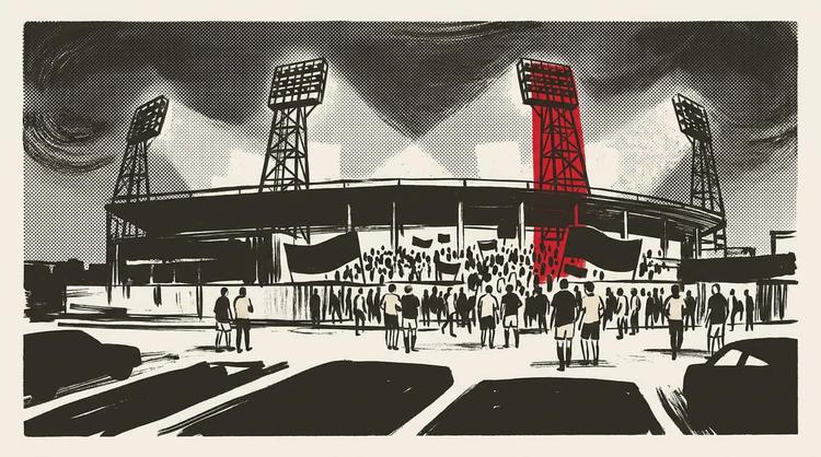Illustration: a floodlit football ground seen from outside at dusk, drawn in heavy ink over halftone texture.