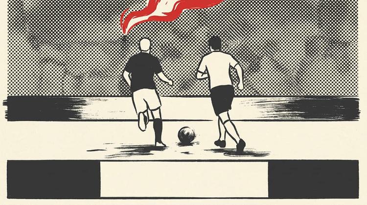 Illustration: two footballers chase a ball across a wet pitch in front of a crowd, drawn in heavy ink over halftone texture.