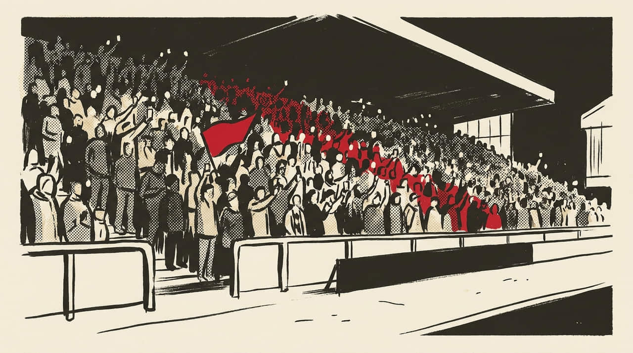 Illustration: a packed terrace under floodlights at night, drawn in heavy ink over halftone texture.