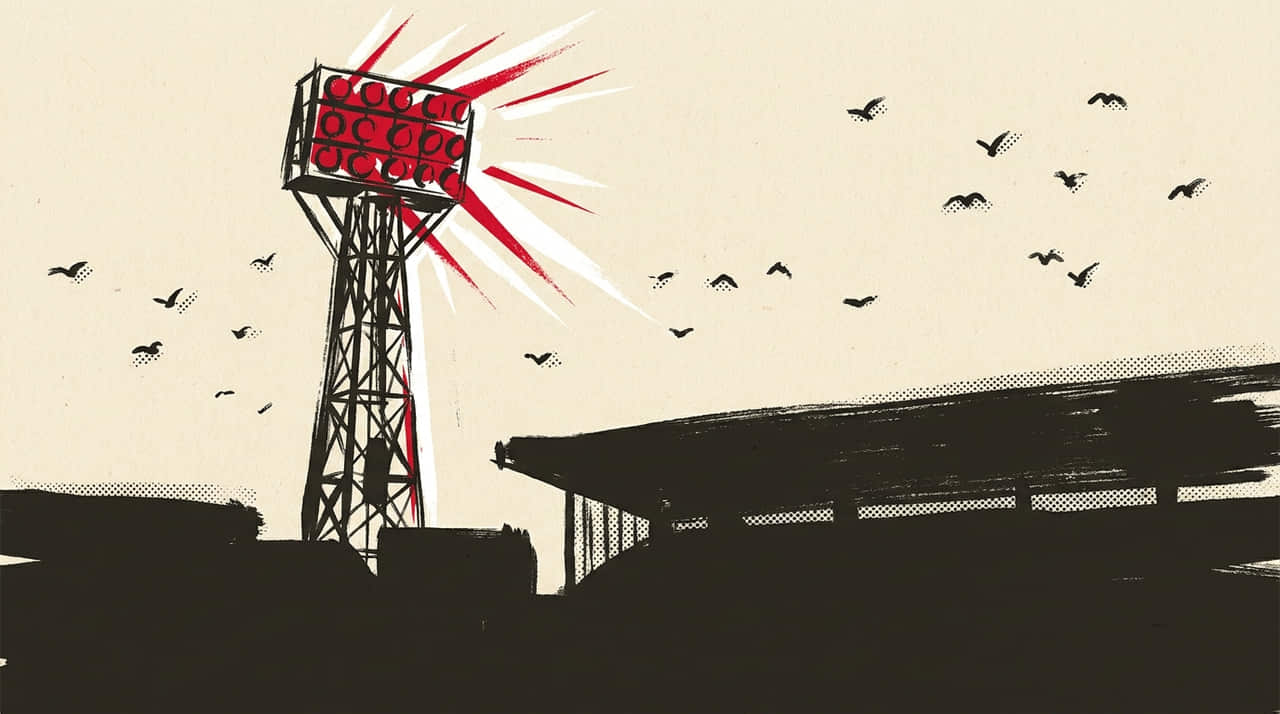 Illustration: a floodlight pylon against an evening sky above a stand, drawn in heavy ink over halftone texture.