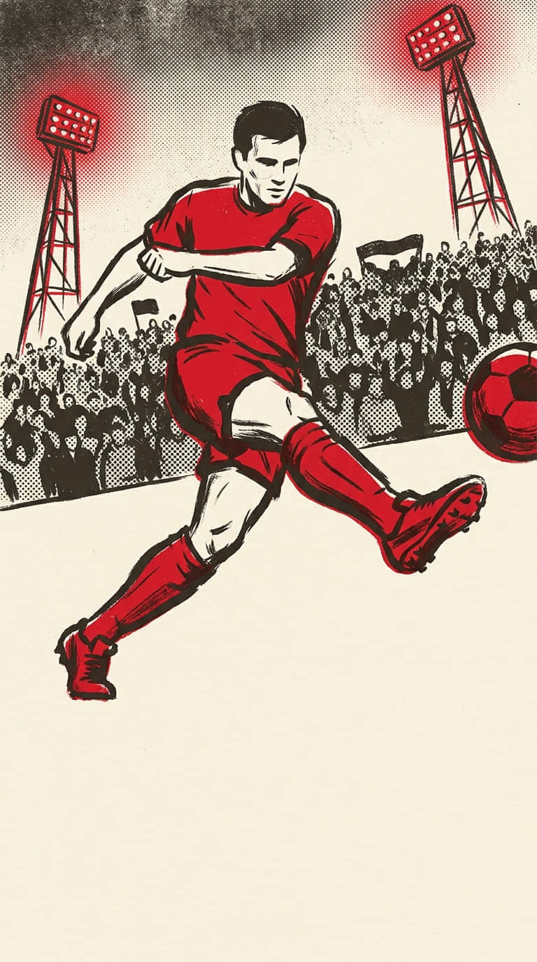Illustration: a footballer strikes the ball under floodlights, drawn in heavy ink over a halftone crowd.