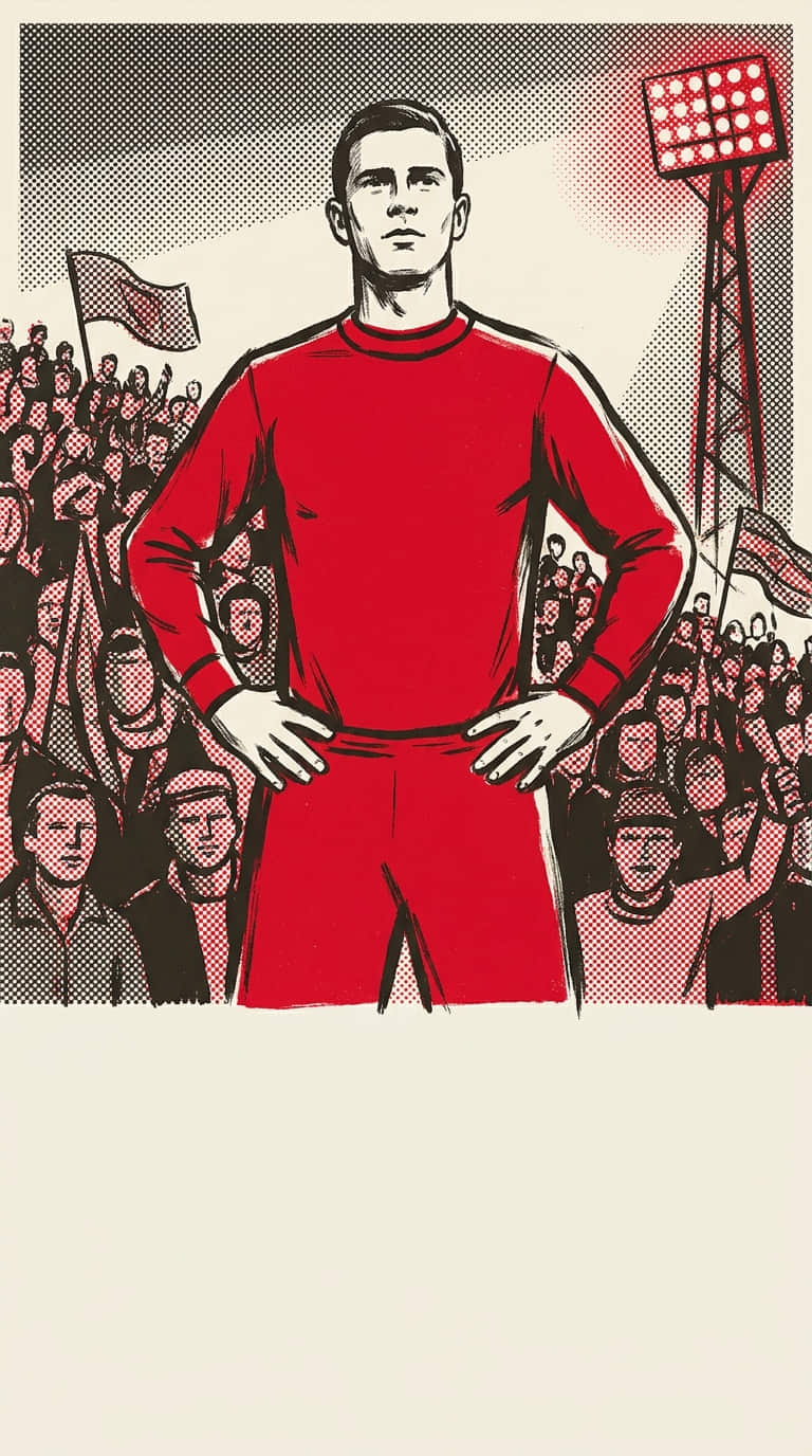 Illustration: a footballer stands facing the viewer in front of ranks of anonymous halftone spectators, drawn in heavy ink.